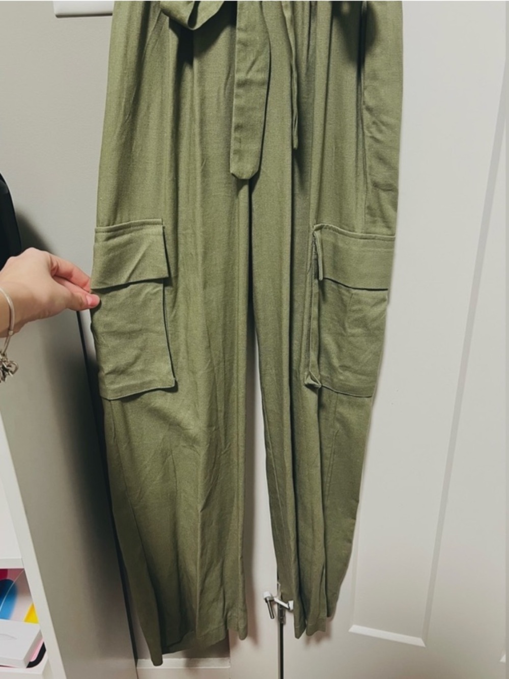 Monteau Olive Green Sleeveless Utility Maxi Romper with Tie Waist - Picture 2 of 5
